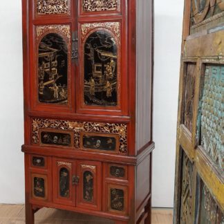 antiker 195 cm Fujian Schrank. Offenes Schnitzwerk, 6 Schubladen, Handmalerei