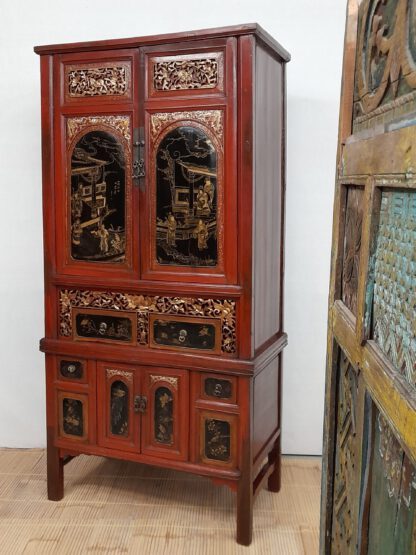 antiker 195 cm Fujian Schrank. Offenes Schnitzwerk, 6 Schubladen, Handmalerei