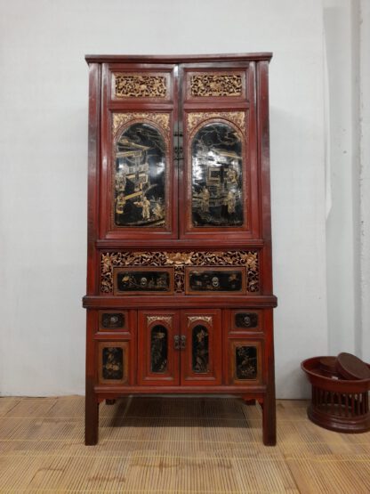 antiker 195 cm Fujian Schrank. Offenes Schnitzwerk, 6 Schubladen, Handmalerei – Bild 2