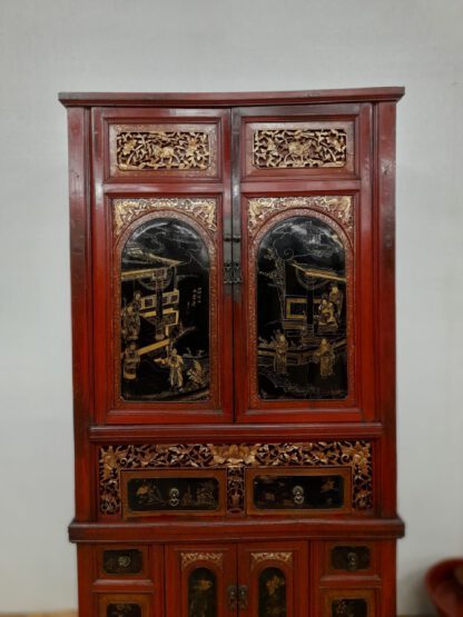 antiker 195 cm Fujian Schrank. Offenes Schnitzwerk, 6 Schubladen, Handmalerei – Bild 6