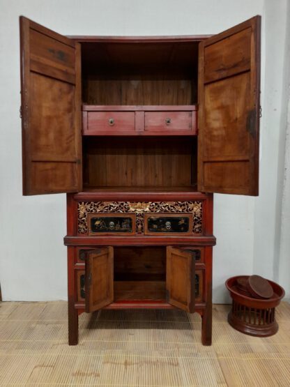 antiker 195 cm Fujian Schrank. Offenes Schnitzwerk, 6 Schubladen, Handmalerei – Bild 10