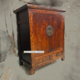 kleiner Asia-Schrank, Antike Kommode, Brauntöne/Schwarz 2-Schübe/2-Türen,
